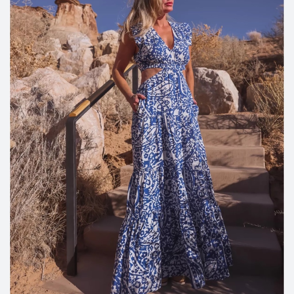 ME+EM Blue and White Paisley Cutout Maxi Dress